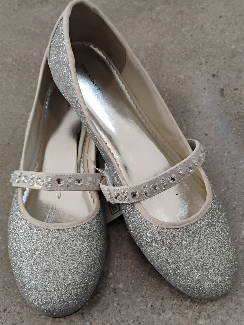 Lands End Girls' Silver Glitter Mary Jane Flats with Crystal Strap